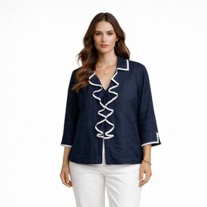 Vintage Talbots Linen Blouse Navy White Ruffle Trim Button Nautical Size 16